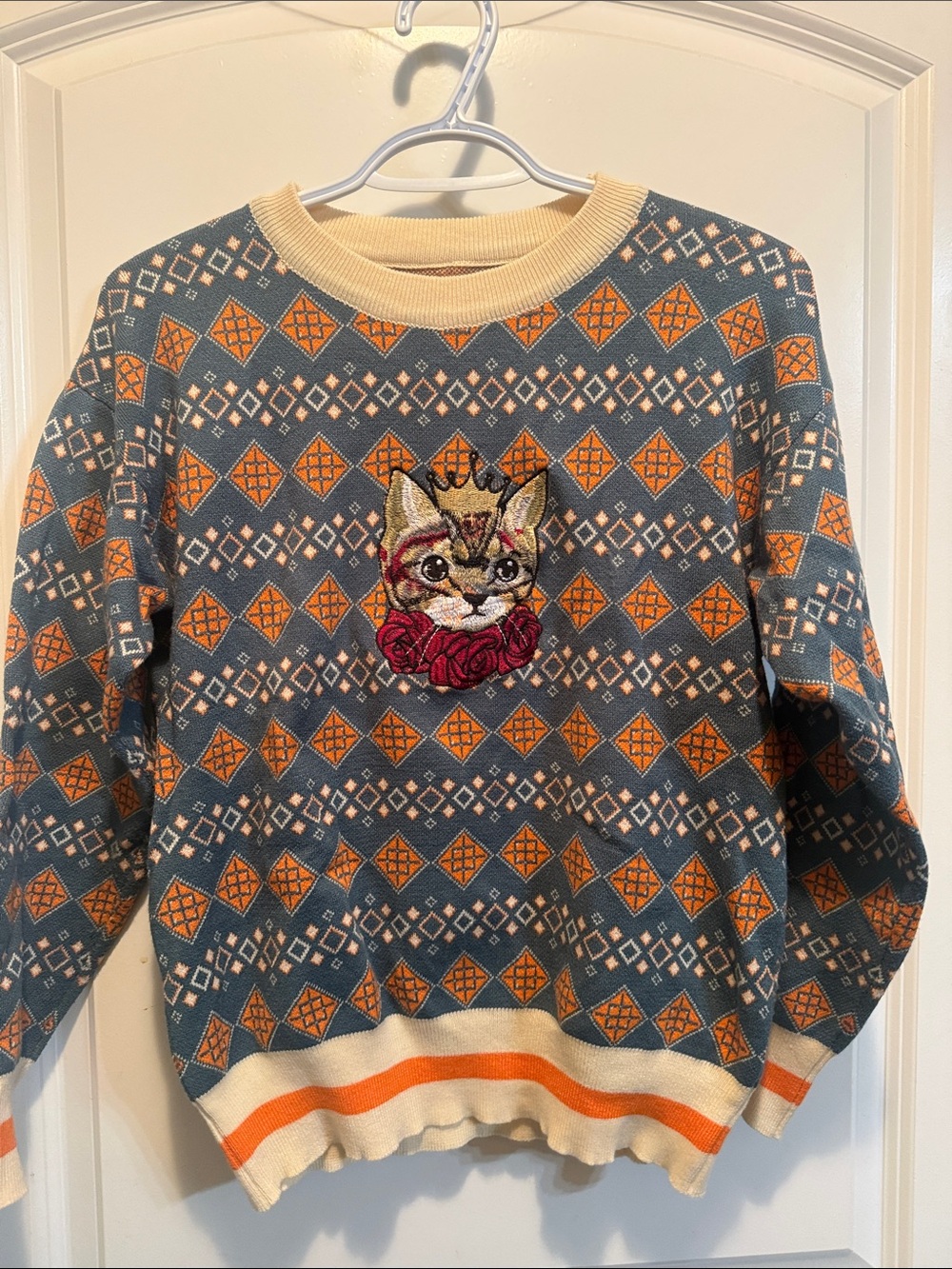NWOT Blue and Orange Geometric Knit Sweater with Embroidered Cat